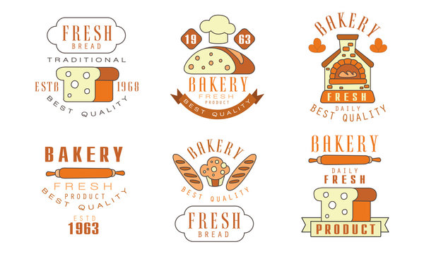 Premium Bakery Logo Design Collection, Daily Fresh Products Vector Illustration on White Background
