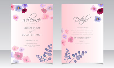 Elegant wedding invitation card template set with beautiful floral and leaves