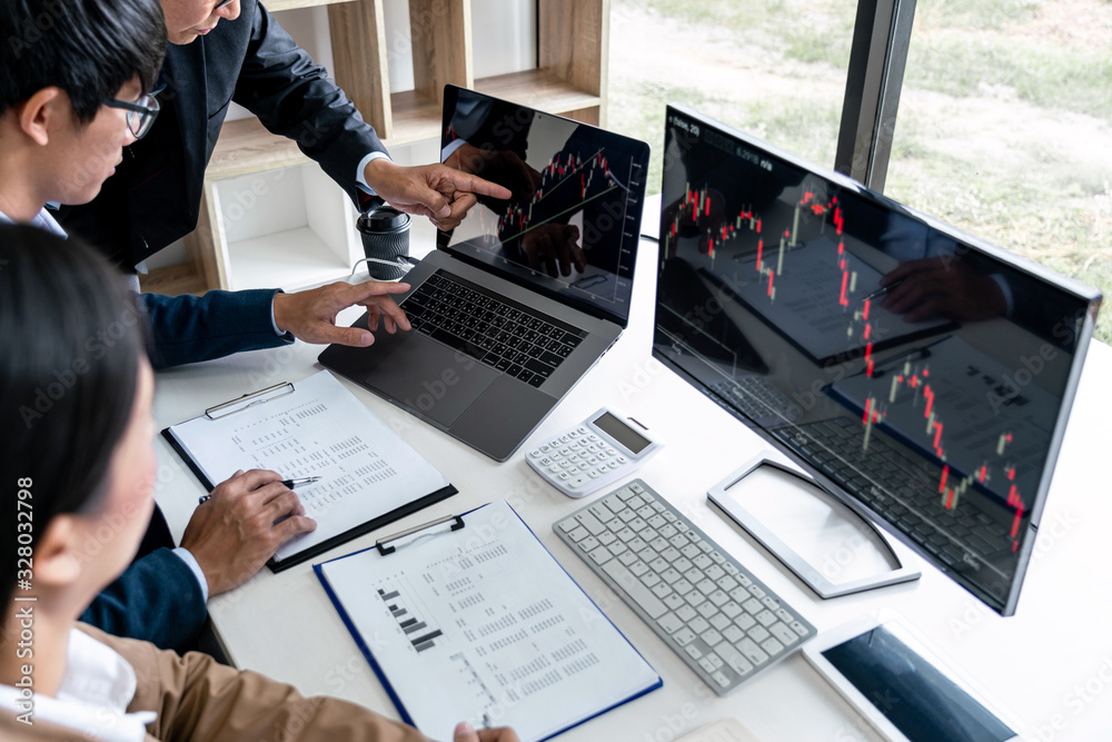 Poster business team partner working with computer, laptop, discussion and analyzing graph stock market tra