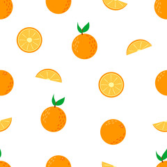 Seamless pattern with the image of slices of orange. Flat vector illustration isolated on white background.