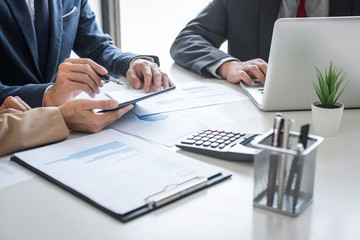 Group of Business partner professional team working together meeting are discussing and analyzing with new strategy marketing project investment to growth up profit into company
