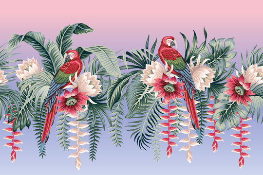 Tropical vintage botanical lotus flower, palm leaves, banana leaves, macaw parrot border gradient background. Exotic jungle floral wallpaper.