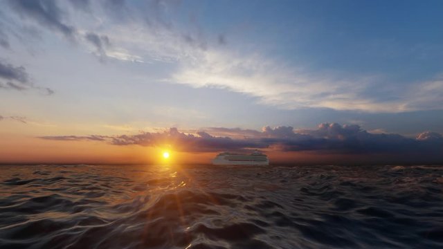 Cruise ship sailing against beautiful sunset