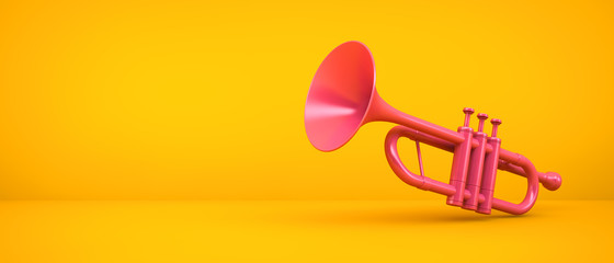 pink trumpet on yellow background - obrazy, fototapety, plakaty