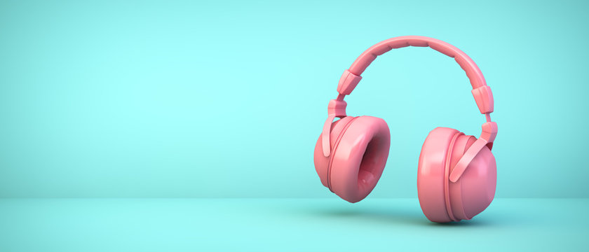 Pink Headphones On Blue Background