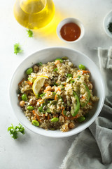 Healthy quinoa bowl with soy beans and avocado