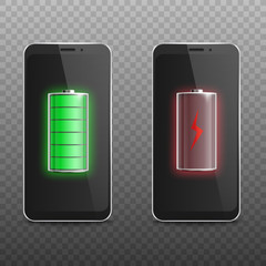 Set with phones with battery indicator, realistic vector illustration isolated.