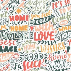 Vector seamless pattern with Home handwritten letterings and symbols. Hand drawn background
