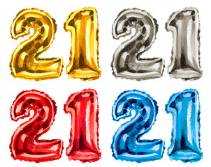 Watercolor illustration of silver number twenty one color balloons set for 21st birthday celebration