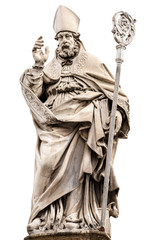 Fototapeta na wymiar Marble statue of bishop San Petronio (1683) isolated on white background, patron of the city and diocese of Bologna, Piazza di Porta Ravegnana, Emilia-Romagna, Italy. Sculptor Gabriele Brunelli 