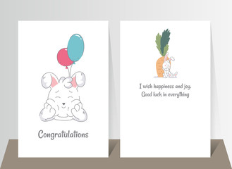 Two banners with funny cute bunny. Hand drawn rabbit thoughtfully lies with color balloons and seated lean on carrots. Vector illustration in flat style