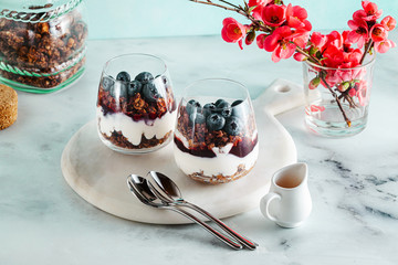 morning dessert with granola in a glass with yogurt, jam and fresh berries. spring branches of a...