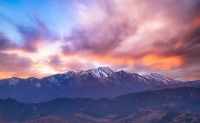 Naklejka na ściany i meble Epic mountain summit with colorful clouds above. View from Mount Tmolus (Bozdağ) in Turkey/İzmir.