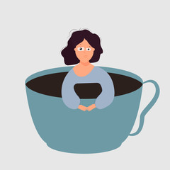 Sleepy woman in a cup with a drink. Coffee addiction concept. Early awakening. Vector. Flat cartoon style. Isolated on white background