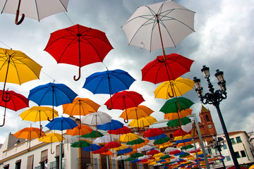 Fototapeta na wymiar Colorful Umbrellas Plaza de la Constitucion Torrox Costa Del Sol Andalusia Spain