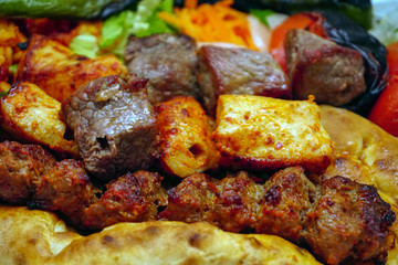 Mixed Turkish kebab with sish adana and chicken with appetizers