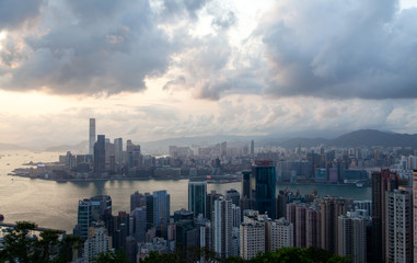 Cityscape Hong Kong city with famous Stonecutters Bridge