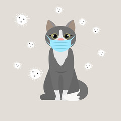 Cat in protective mask for virus and pollution on grey background. Protect your pets from virus and coronavirus.