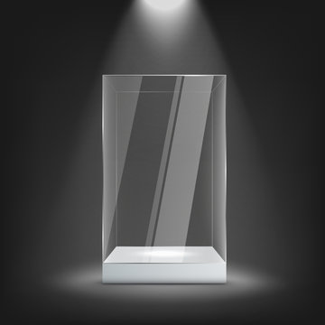 Big Glass Display Case On White Pedestal Mockup, Realistic Vector Illustration.