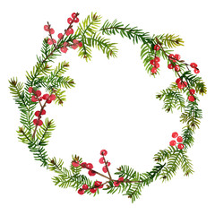 Christmas decor wreath made of christmas tree branches painted with watercolors on white background. 