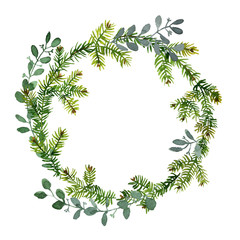 Christmas decor wreath made of christmas tree branches painted with watercolors on white background. 