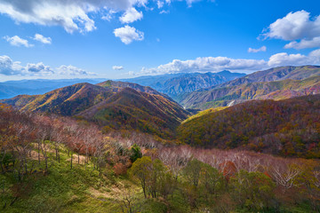 栃木県の日光の半月山駐車場から西側の利根倉沢の紅葉、皇海山眺望