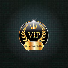 Naklejka premium Vip black label with golden crown, laurel wreath. Luxury design for invitation, greeting card, poster, brochure, label on dark background. Vector premium card design.