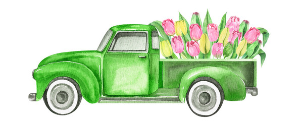 Watercolor retro truck with flowers- pink and yellow tulips. Hand painted vintage retro car illustration perfect for card making, wedding invitation and spring postcards 