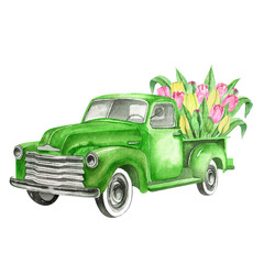 Watercolor retro truck with flowers- pink and yellow tulips. Hand painted vintage retro car illustration perfect for card making, wedding invitation and spring postcards 