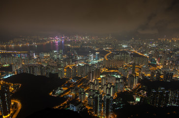 Fototapeta na wymiar Cityscape Yau Tsim Mong of Hong Kong reflected in water