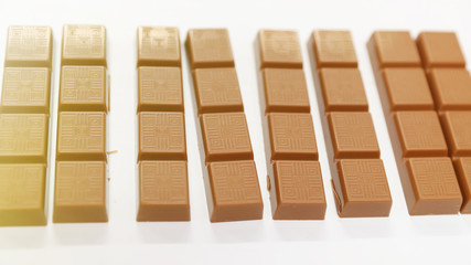 Chocolate factory. Close-up of chocolate bars. Toned