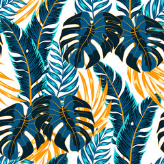 Fototapeta na wymiar Summer seamless tropical pattern with bright plants and leaves on a light background. Modern abstract design for fabric, paper, interior decor. Exotic wallpaper.