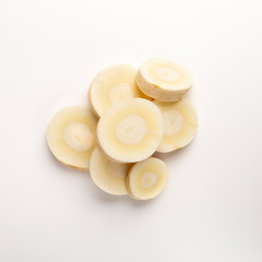 Superfood for health. Chopped radish on white background