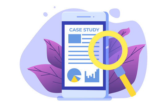 Case study concept with smartphone. Flat style vector illustration
