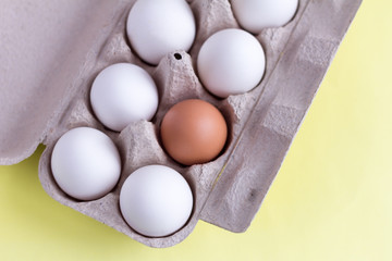 Top view of chicken eggs in an egg box on yellow. Fresh chicken eggs with copy space. The concept of natural healthy food and organic farming. White and one brown egg in a box