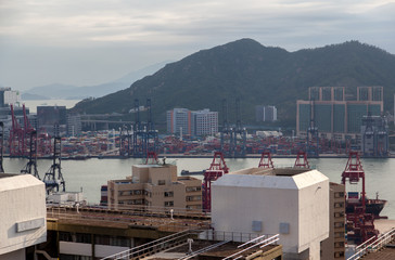 Fototapeta premium Container port wide river between Hong Kong industrial districts