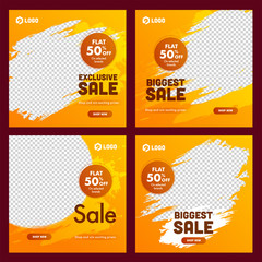 Biggest and Exclusive Sale Poster Design Set with 50% Discount Offer and Space for Product Image on Orange Brush Stroke Background.