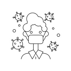 A man wearing facial hygienic mask surrounded by virus. Outline thin line flat illustration.