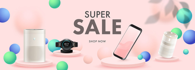 Super Sale Header or Banner Design with 3D Smartphone, Smart Watch, Voice Assistant, Air Purifier and Sphere Decorated Pastel Pink Background.