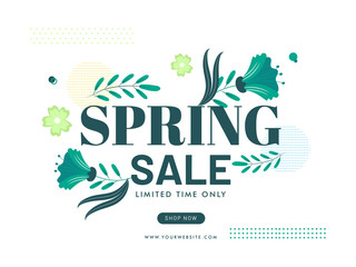 Spring Sale Poster Design with Green Flowers and Leaves on White Background.