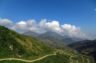 Mountain range clouds panoramic landscape in North Vietnam.