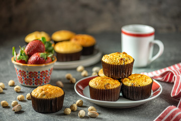 Healthy organic muffins made from cottage cheese, whole grain flour with dried cranberries. Organic baking, healthy food.