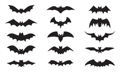 Bat icon set isolated on white background. Black bats silhouettes 