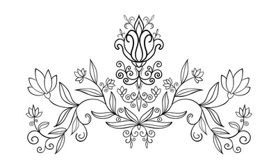 Seamless vintage floral symmetry border with fantasy flowers, leaves, curls on white isolated background. Good for coloring book pages.