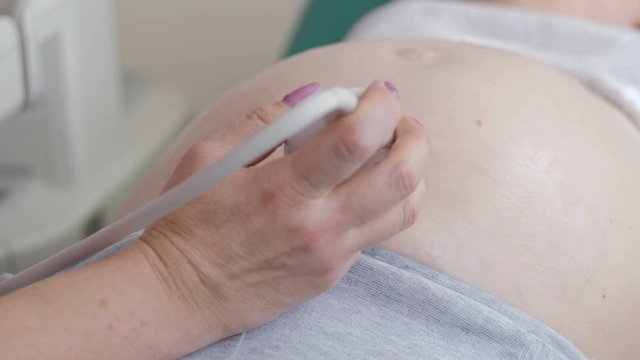 Process of ultrasonography, doctor checking baby in happy pregnant woman belly, modern medical technology