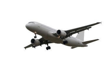 Fototapeta na wymiar gray jet passenger plane with a landing gear on a white background