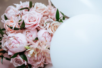 fresh bright blooming peonies flowers with dew drops on petals