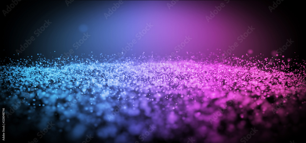 Wall mural glowing sparkling classic pantone cyber blue purple vibrant tiny particles glitter cloud on dark emp