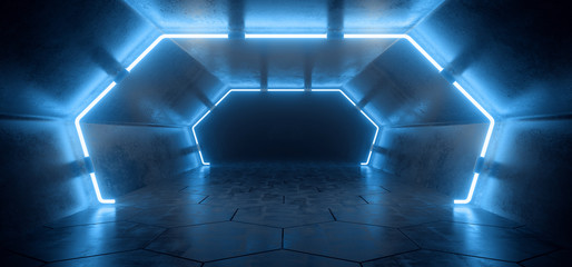 Bright Modern Futuristic Alien Reflective Concrete Corridor Tunnel Empty Room With Classic Pantone Cyber Blue Neon Glowing Lights Hexagon Floor Background 3D Rendering