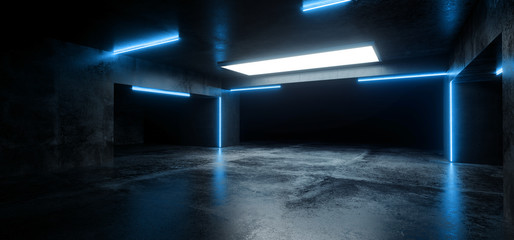 Sci-Fi Futuristic Modern Grunge Concrete Empty Underground Tunnel Corridor Garage With Reflections Blue Neon Glowing Tube Lights 3D Rendering
